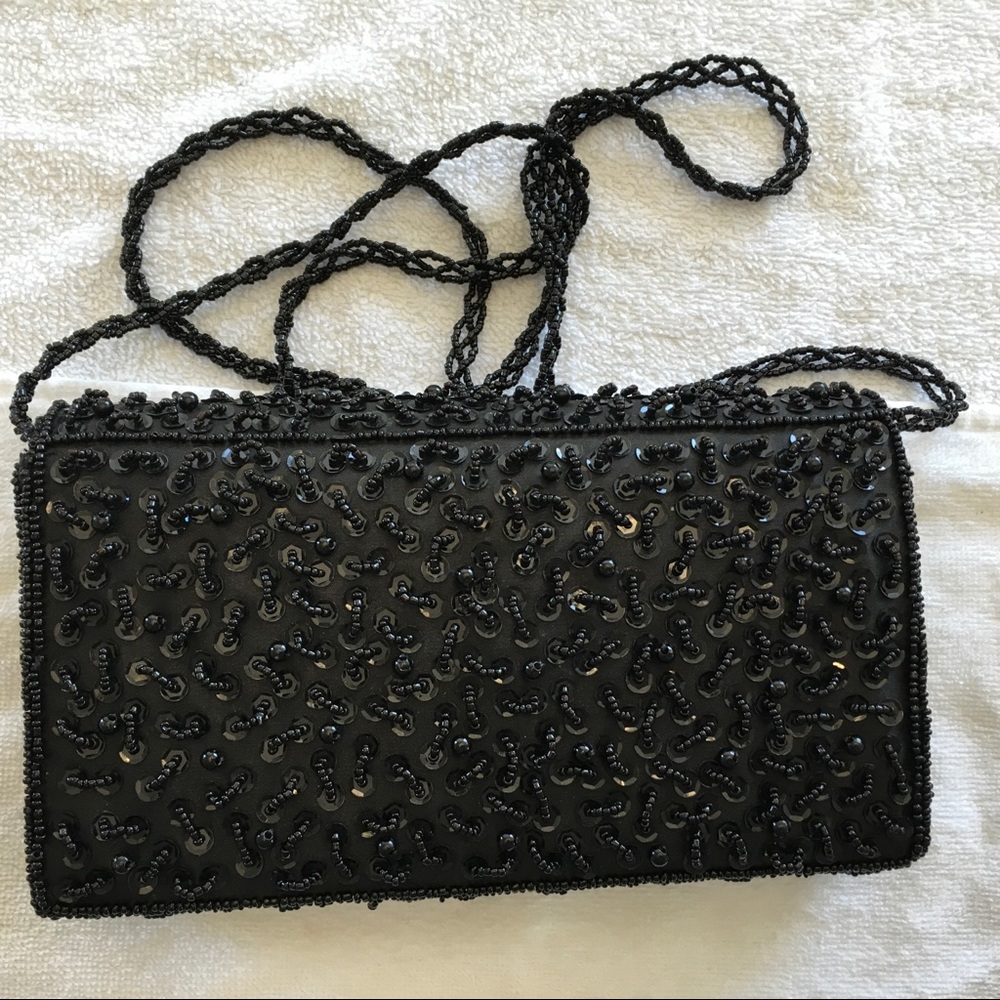 Rectangular Black Beaded Evening Bag Wbeaded Strap - image 2